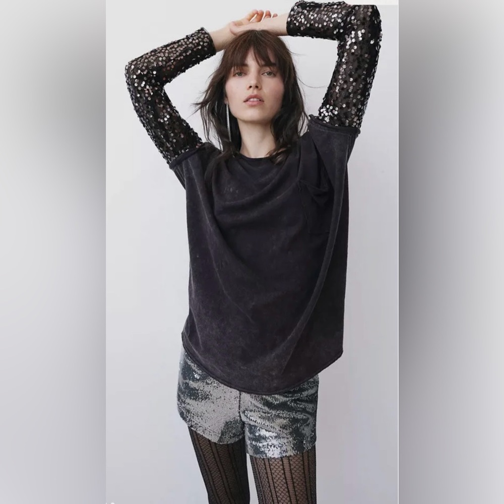 Free People Celine Tee Sequined Embellished Sleeve T-Shirt Twofer Top XS